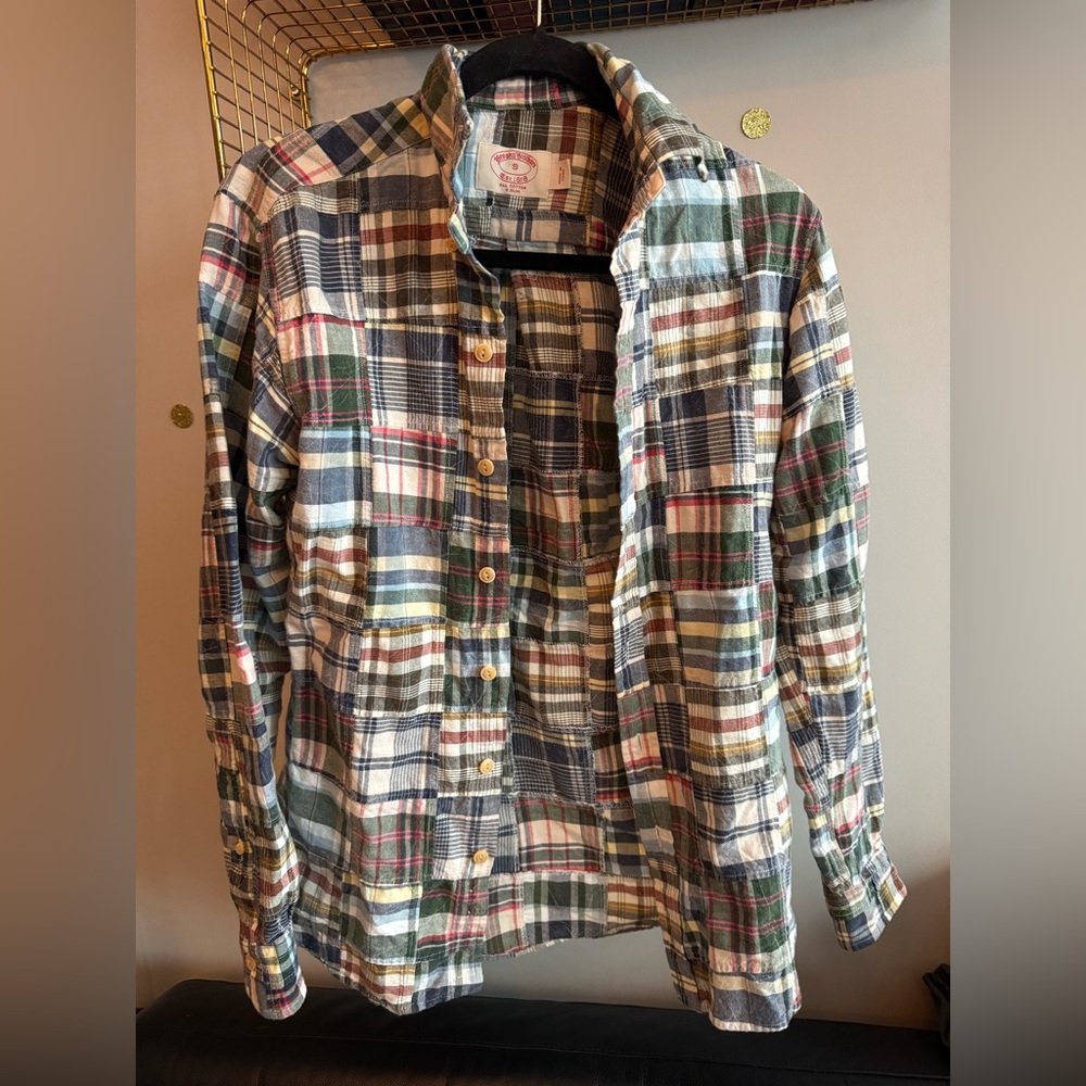 Madras Plaid Patchwork Cotton Long Sleeve Button Down Oxford Shirt (slim)